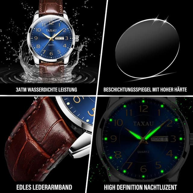 Detalle de Taxau Klassische Lederuhr für Herren – Analog, Quarz, Big Dial mit Lumen- & Day-Date-Anzeige