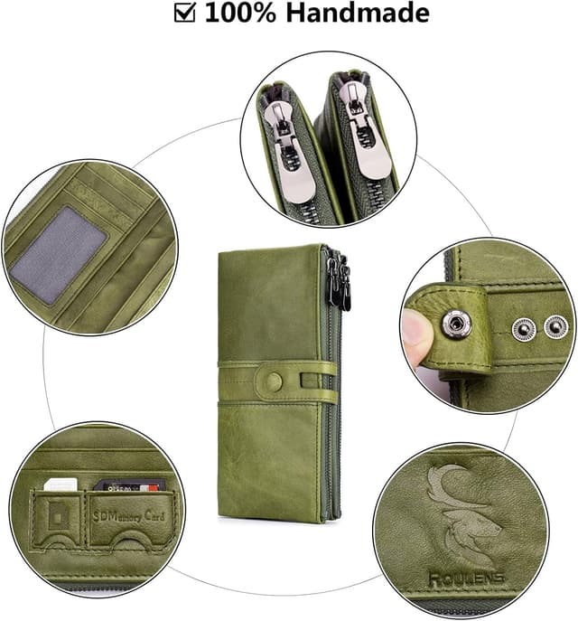 Detalle de Roulens genuine leather women’s slim bifold zipper wallet with RFID blocking