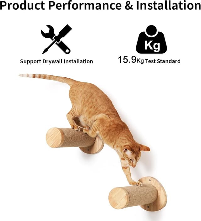 Detalle de FUKUMARU Cat Wall Furniture 30cm Wall-Mounted Climbing Steps (Pack of 2) with Jute Scratches