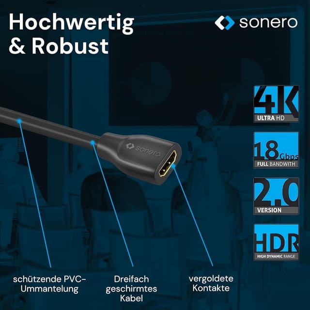 Detalle 2 de Sonero® 4K HDMI Verlängerungskabel (Premium High Speed) – HDMI Stecker auf HDMI Buchse, vergoldete Kontakte, 1 m
