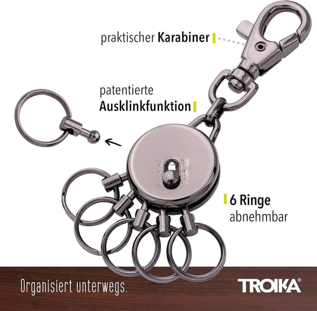Detalle 2 de TROIKA Basic GM (gun metal) – Schlüssel-Organizer mit Karabiner und 6 austauschbaren Ringen