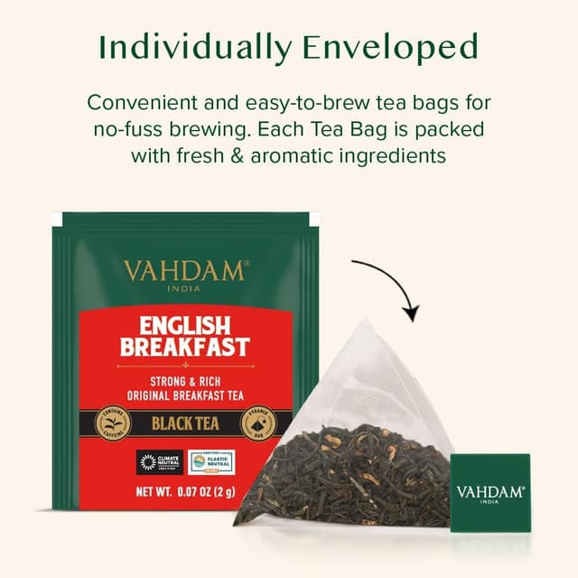 Detalle de VAHDAM Inglés Breakfast Té Negro ☕ 30 Bolsitas, Fuerte y Natural