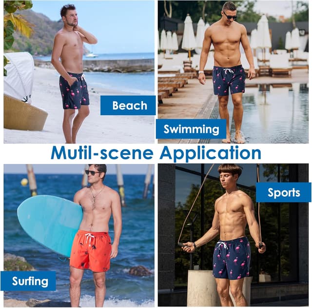 Detalle de XOMZG Men’s Swim Trunks with Mesh Lining, Quick-Dry Pockets & Hawaiian Patterns