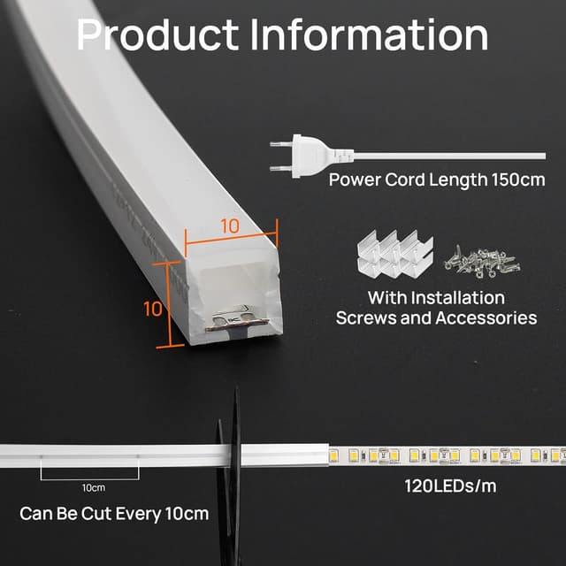 Detalle 2 de SUCIKORIO Striscia LED Neon siliconica IP65 tagliabile 2 metri, 120 LED/m, bianco freddo 6000K con interruttore