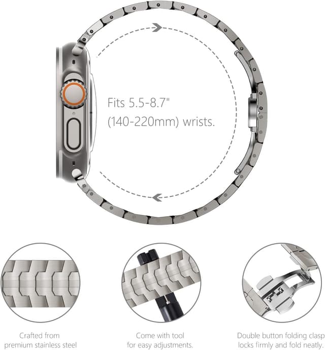Detalle de NewWays Grade 2 Titanium Metal Link Strap for Apple Watch Ultra 49mm (Ultra 3/2/1)