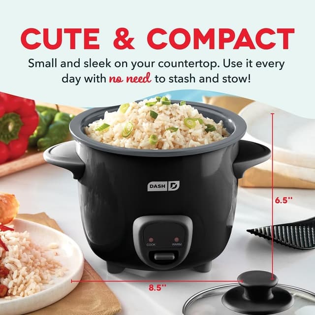 Detalle de Dash Mini Ceramic Rice Cooker (Black Ceramic) — Compact Single-Serve Cooker with Removable Nonstick Pot