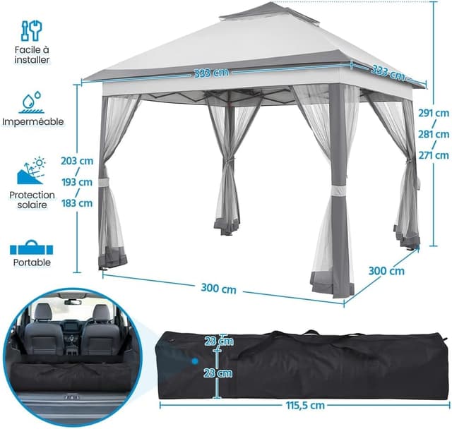 Detalle de Yaheetech Gazebo da giardino in ferro 300x300 cm pieghevole con pareti in rete e doppio tetto, grigio