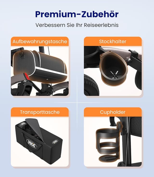 Detalle 2 de VOCIC Rollator faltbar und leicht mit Sitz – Outdoor-Rollator mit nicht-pneumatischen Gummi-Reifen, grau