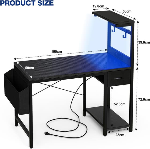 Detalle de Grandder Gaming Desk 100 x 50 cm (Black) with power outlet, LED lighting, reversible shelves and storage drawer
