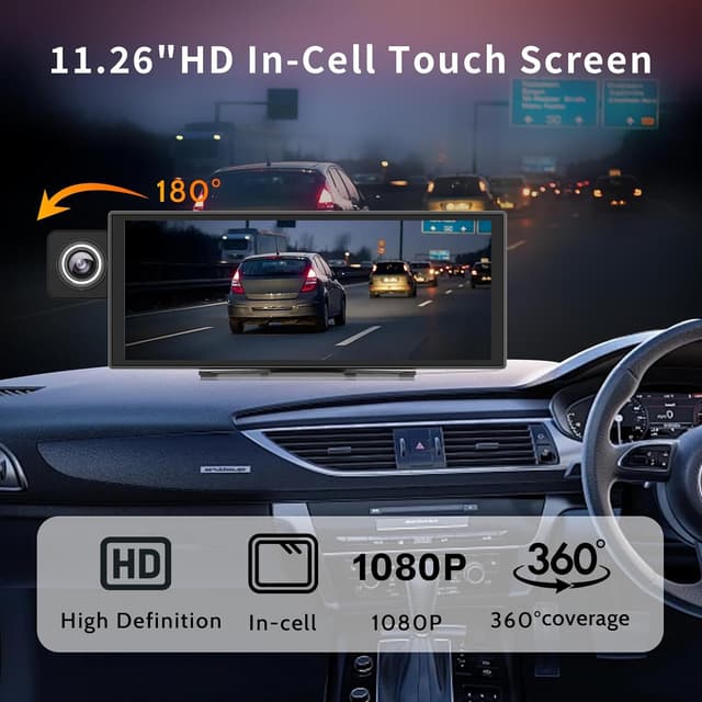 Detalle 2 de 11.26-inch Wireless Apple CarPlay & Android Auto Screen with 4K Dash Cam, 1080P Backup Camera, GPS, and Mirror Link (Includes 64GB U3 card)