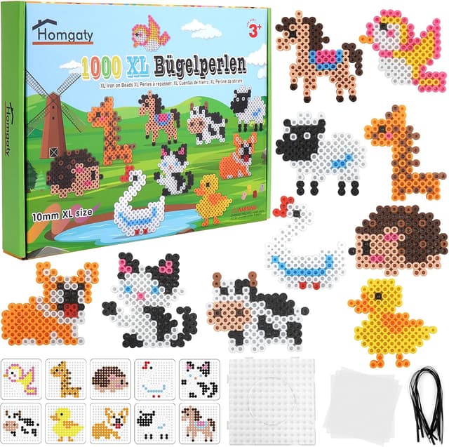 Detalle de Homgaty großes Bügelperlen-Set (10 mm, ca. 1.000 Stück) mit Tier-Mustervorlagen und Bügelpapier
