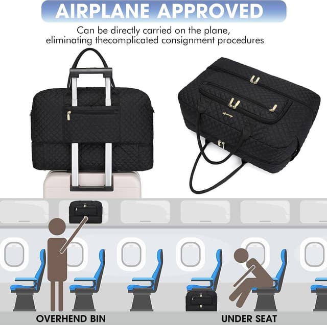 Detalle de LUOCIP Large Women Travel Duffle Bag with Wet Toiletry Pocket and Shoe Compartment (Black)