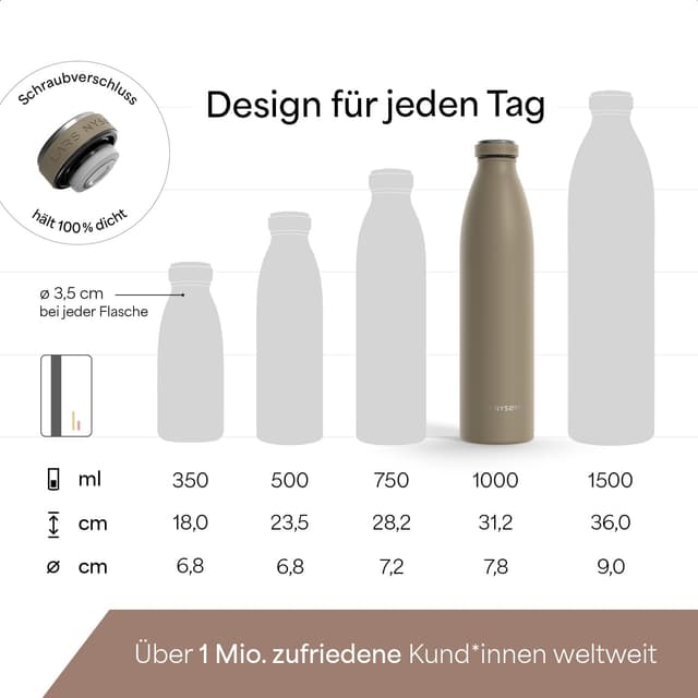 Detalle 2 de LARS NYSØM Edelstahl-Trinkflasche Ren (1000 ml, taupe brown) – thermosgeeignet für Kohlensäure