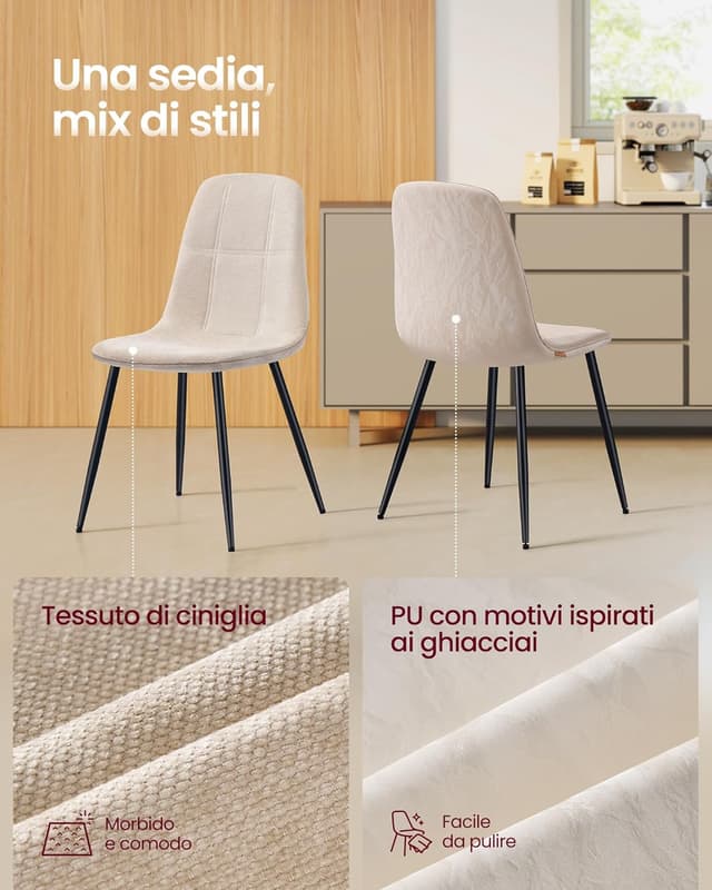 Detalle 2 de VASAGLE set di 4 sedie da pranzo imbottite con schienale reclinabile e rivestimento ciniglia/PU KDC188W01