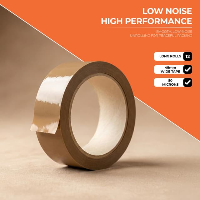 Detalle de Roe Tenpo Packaging Tape (Brown) – 12 Rolls, 48mm x 66m, Low Noise Parcel Packing Tape