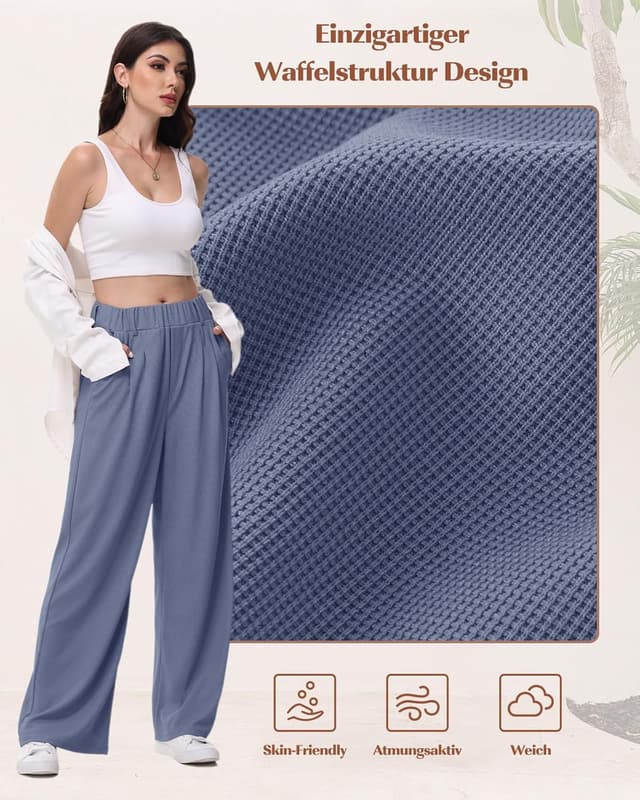 Detalle de HMIYA Weite Bügelfreie Palazzo Hose mit hoher Taille und Taschen – leichte Sommer-Freizeithose