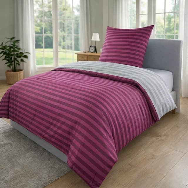 Detalle de MALIKA Bettwäsche 135x200 aus Baumwolle, 2-teiliges Set (Weinrot, Streifen) mit Wendebezug