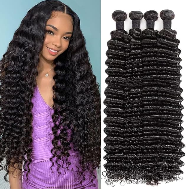 Detalle de 12A Deep Wave Human Hair Bundles (22/22/24/24 inch) Brazilian Virgin Deep Curly Quick Weave — 4 Bundles