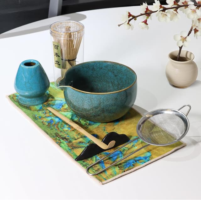 Detalle 2 de Qxeutm Matcha Set – 7-teiliges Premium Matcha Starter Set (blau) mit Schale, Besen, Sieb & Tuch