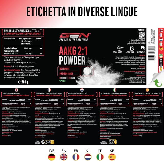 Detalle 2 de GEN German Elite Nutrition AAKG 2:1 in polvere vegana (500 g) – L-arginina alfa-cheto glutarato