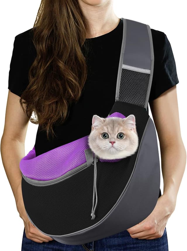 Detalle de Pawaboo Dog Sling Carrier (S) in Deep Purple — hand-free breathable mesh crossbody for puppy or small pet travel