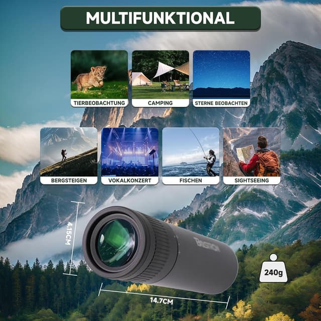 Detalle de BOSTRON 7x32 HD Monokular mit Smartphone-Adapter, wasserdicht & stickstoffgefüllt – 176 m/1000 m Weitwinkel