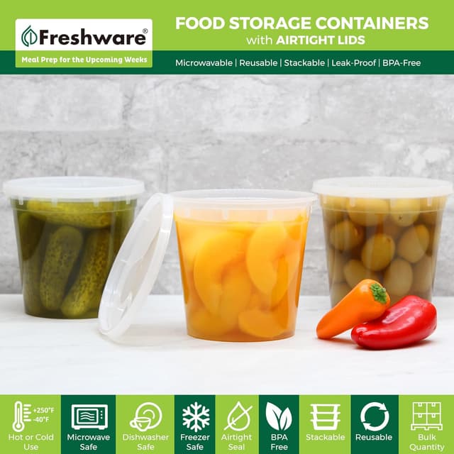Detalle 2 de Freshware 24 oz Food Storage Containers (48-count) — Leakproof, BPA-free Deli Containers for Meal Prep, Soup, and Slime