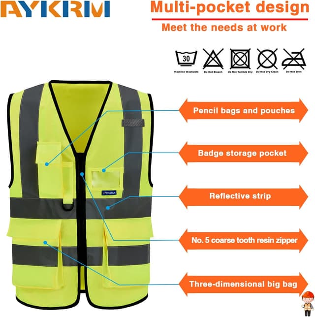 Detalle de AYKRM High Visibility Executive Safety Vest with Zipper Front, 21-Colour High-Vis Design & Phone/ID Pockets