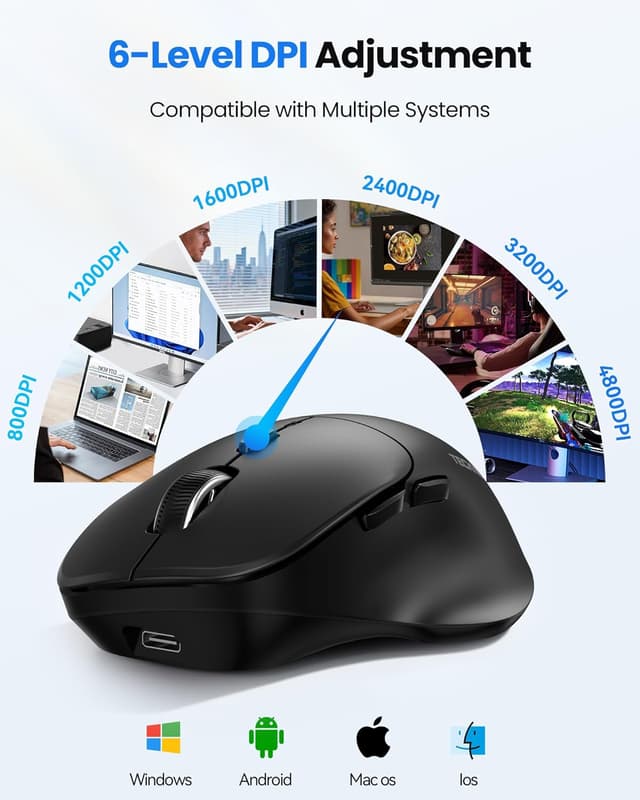 Detalle de TECKNET Rechargeable Tri-Mode Wireless Mouse (BT 5.0/3.0 + 2.4G) with 4800DPI, Silent Clicks, 6 Buttons