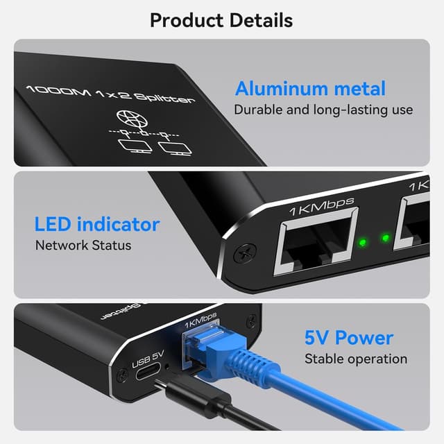 Detalle de VEDINDUST LAN Splitter 1 auf 2 (2-Port) Gigabit Ethernet Switch mit Type-C-Netzkabel