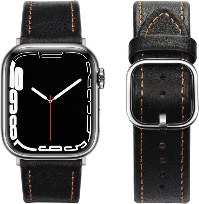 Detalle de Tasikar genuine leather Apple Watch strap with square buckle (38/40/41/42/44/45mm) for Series 1–8, SE & SE 2022 – Black