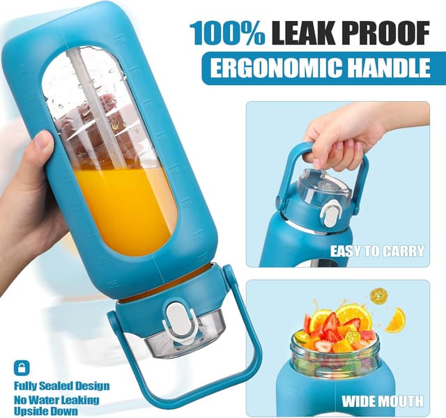 Detalle de BLUEGO 2-Liter Glasflasche mit 2 Deckeln, Zeitmarkierungen und Strohhalm – auslaufsicher