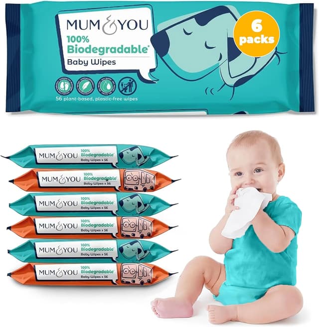 Detalle de Mum & You Baby Wipes (99.4% Water) – Biodegradable, Fragrance-Free & Hypoallergenic, 336 Newborn Wipes (6 x 56)