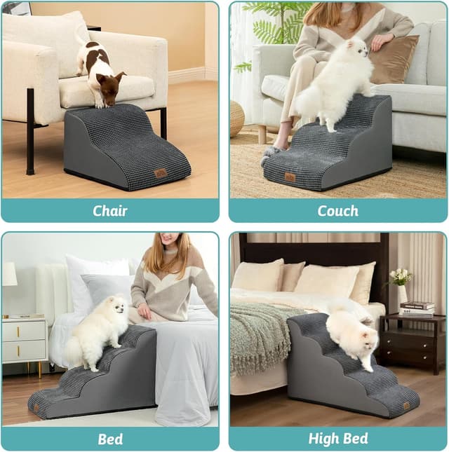 Detalle de COZY KISS Dog Stairs for Small Dogs, 4-Step Curved Ramp with High-Density Foam (19.7" H) – Charcoal Grey