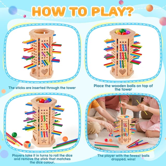 Detalle de Bridokit Montessori Brettspiel aus Holz ab 3 Jahren mit 42 bunten Holzstäbchen (bis zu 6 Spieler)