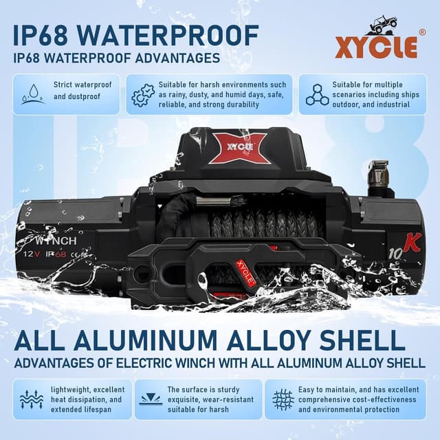 Detalle de XYCLE 10000lbs 12V Electric Winch with IP68 Rating, 1/2 in Synthetic Rope, and Dual Wireless/Wired Control