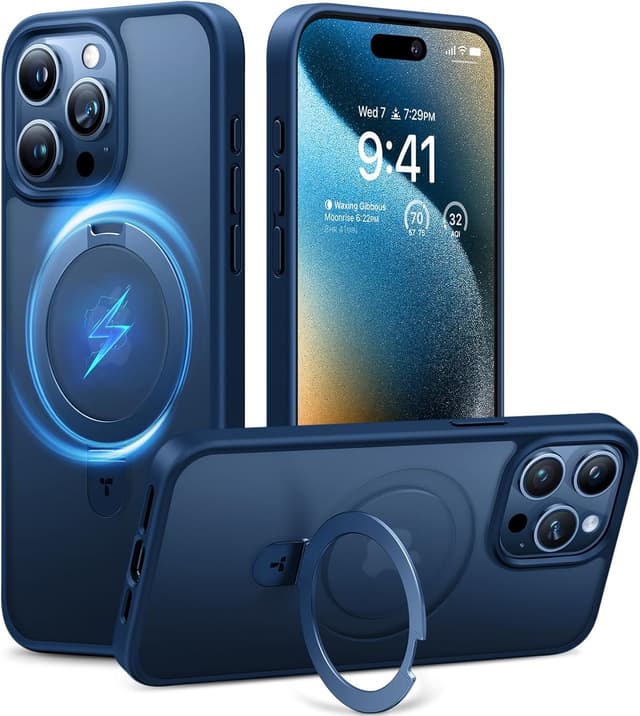 Detalle de TORRAS Magnetic Ostand for iPhone 15 Pro Max (6.7") Case with MagSafe, Built-in Kickstand, Blue Titanium