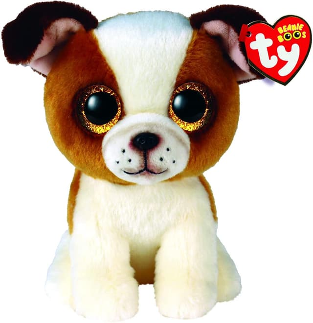 Detalle de TY Beanie Boos Hugo peluche cane bianco e marrone con occhi glitter dorati, 15 cm