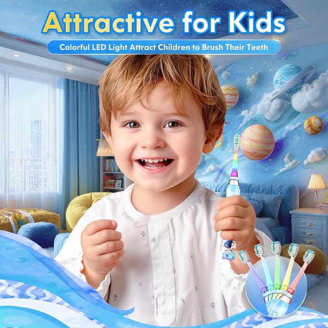 Detalle 2 de Kids Electric Toothbrush (3-5-6-12) with Timer, Rainbow LED & Sonic Vibration – Astronauts Blue