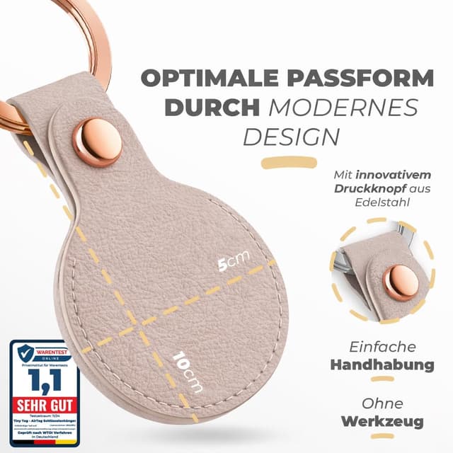 Detalle de TinyTag® veganer Leder Schlüsselanhänger für Apple AirTag (Taupe Roségold) – 2er Pack
