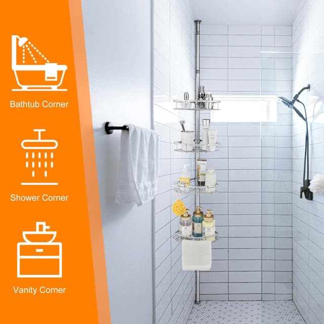 Detalle 2 de Wopeite étagère de douche télescopique réglable 73–265 cm, sans perçage, en acier inoxydable (4 paniers) – gris