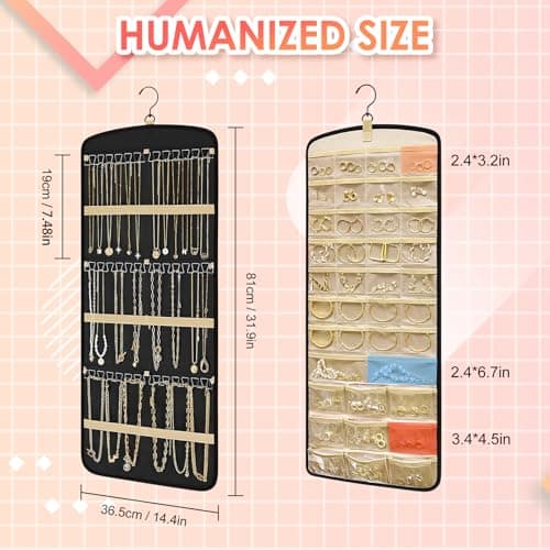 Detalle de Kisvic organizador de joyas colgante doble cara con gancho de metal y giro 360°