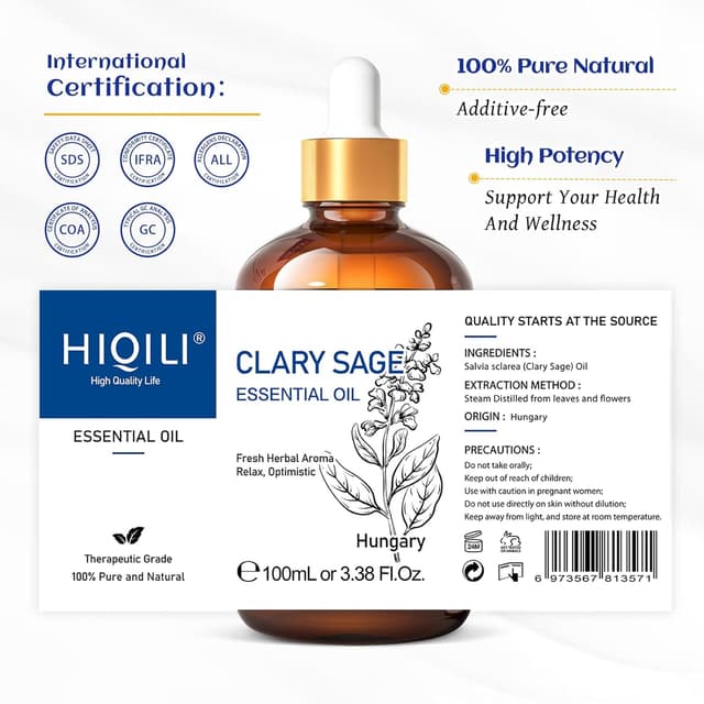 Thumbnail 6 de HIQILI Clary Sage Essential Oil 100ml (100% pure, undiluted) for aromatherapy, massage, bath and skincare