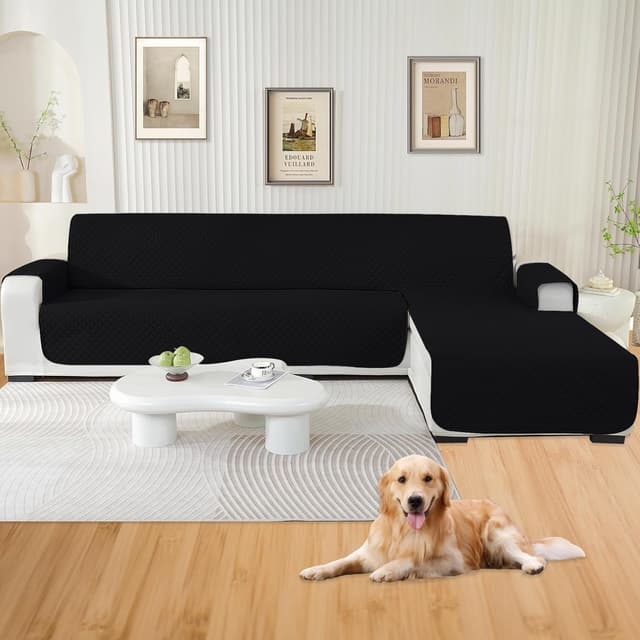 Detalle de YSTELLAA Copridivano impermeabile per chaise longue angolare reversibile (2 posti con penisola, L 210 cm) nero