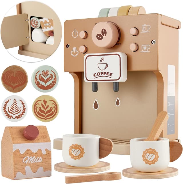 Detalle de BUYGER Kids Wooden Coffee Machine Toy – Pretend Coffee Playset for Ages 3–5