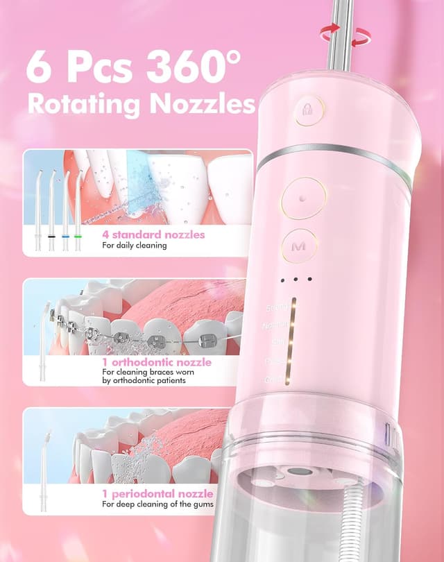 Detalle 2 de Water Flosser Cordless Travel Mini Oral Irrigator (IPX7, USB-C) with Telescopic Water Tank, 5 Modes & 6 Jet Tips – L Pink