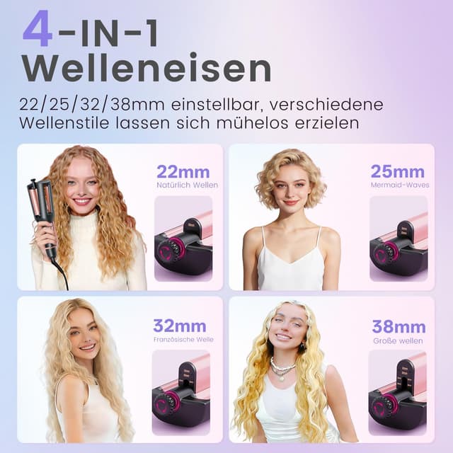 Detalle de 22/25/32/38 mm einstellbares Welleneisen für Haare (4-in-1) – Beach Waves & Mermaid-Waves Lockenstab in Roségold