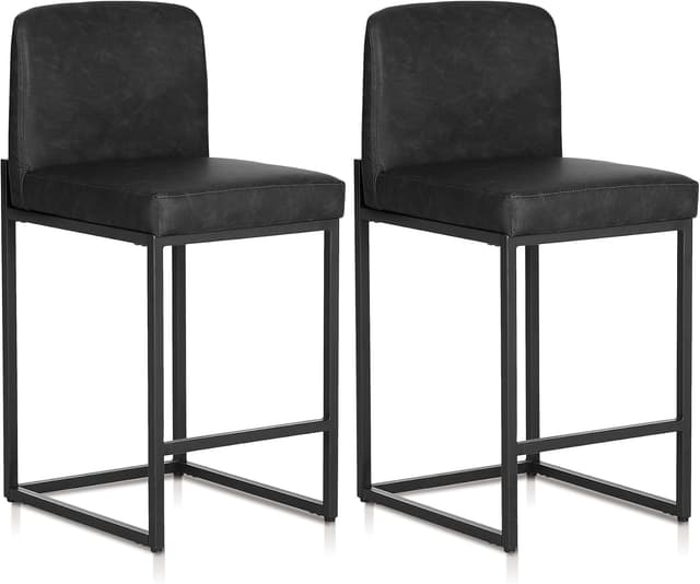 Detalle de ALPHA HOME 24" Bar Stools Set of 2 with Backs, PU Leather Kitchen Stools and Footrest (Black)
