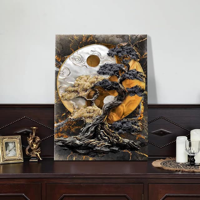 Detalle de HALFLEMART Yin-Yang-Baum Leinwandbilder mit Rahmen 30x40 cm – Schwarz/Braun/Silber, zum Aufhängen