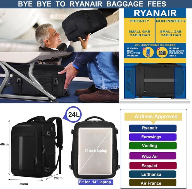 Detalle de Ryanair Handgepäck Rucksack 40x30x20 mit USB-Ladeanschluss (Laptopfach bis 14 Zoll), schwarz